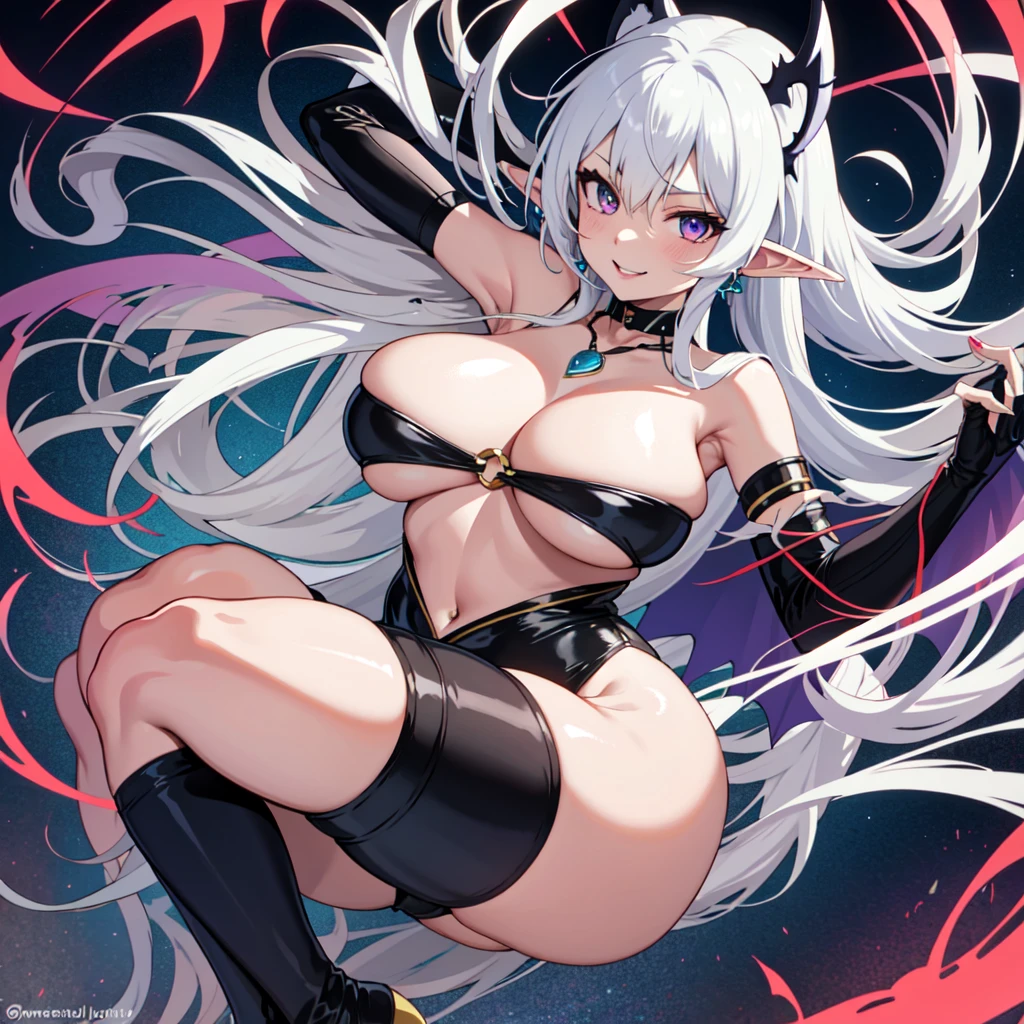 solo, behind, wide hips, anime girl with long hair and elf ears, elf ears girl, solo, seductive anime girl, very beautiful anime succubus girl, cute anime succubus, cute anime bat wings, white haired goddess, cute anime succubus, pale skin, massive breasts, thick thighs, bat humanoid, curly hair, skin pale ,1girl, hairlong , HDR, Volumetric Lighting, octane rendering, 8k, ultra high definition, sexy positions, different types of sexy dresses, big breasts, big hips, full body image, Big thighs, big ass, thicc, perfect fingers, perfect arms, expressive eyes, heart tattoo, beautiful, milf, earrings, necklace, provocative, goth, cute face, smile, teasing, hot babe,