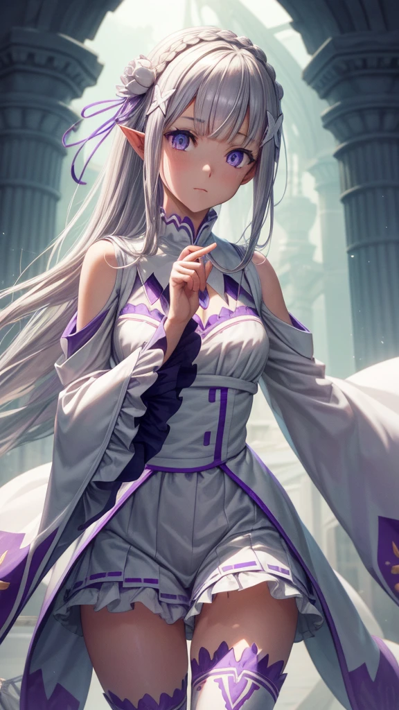 Subscribe to, emilia, weave, Crown braid, flower, hair flower, Hair decoration, love para el cabello, Long hair, pointy ears, (purple eyes:1.2), kana, x Hair decoration,
Collar separado romper, Separate sleeves, Ruffle sleeves, Link raids, long sleeve, mini skirt, Rock plisada, love, Rock, Thigh jumps, white rock, white sleeves, white thighs, wide sleeves, zettai ryouiki,
PEACE in the open air, Stadt,
REST looks at the viewer, romper (masterpiece:1.2), The best quality, high resolution, Unity 8k wallpaper, (Illustration:0.8), (beautiful detailed eyes:1.6), extremely detailed face, perfect lightning, extremely detailed CG, (perfect hands, perfect anatomy),