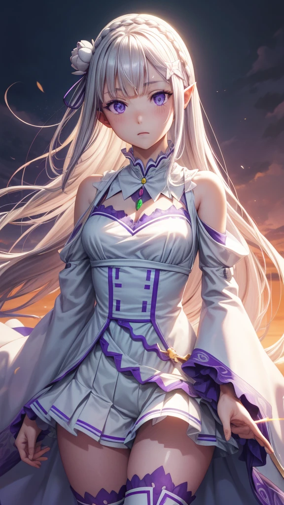 Subscribe to, emilia, weave, Crown braid, flower, hair flower, Hair decoration, love para el cabello, Long hair, pointy ears, (purple eyes:1.2), kana, x Hair decoration,
Collar separado romper, Separate sleeves, Ruffle sleeves, Link raids, long sleeve, mini skirt, Rock plisada, love, Rock, Thigh jumps, white rock, white sleeves, white thighs, wide sleeves, zettai ryouiki,
PEACE in the open air, Stadt,
REST looks at the viewer, romper (masterpiece:1.2), The best quality, high resolution, Unity 8k wallpaper, (Illustration:0.8), (beautiful detailed eyes:1.6), extremely detailed face, perfect lightning, extremely detailed CG, (perfect hands, perfect anatomy),