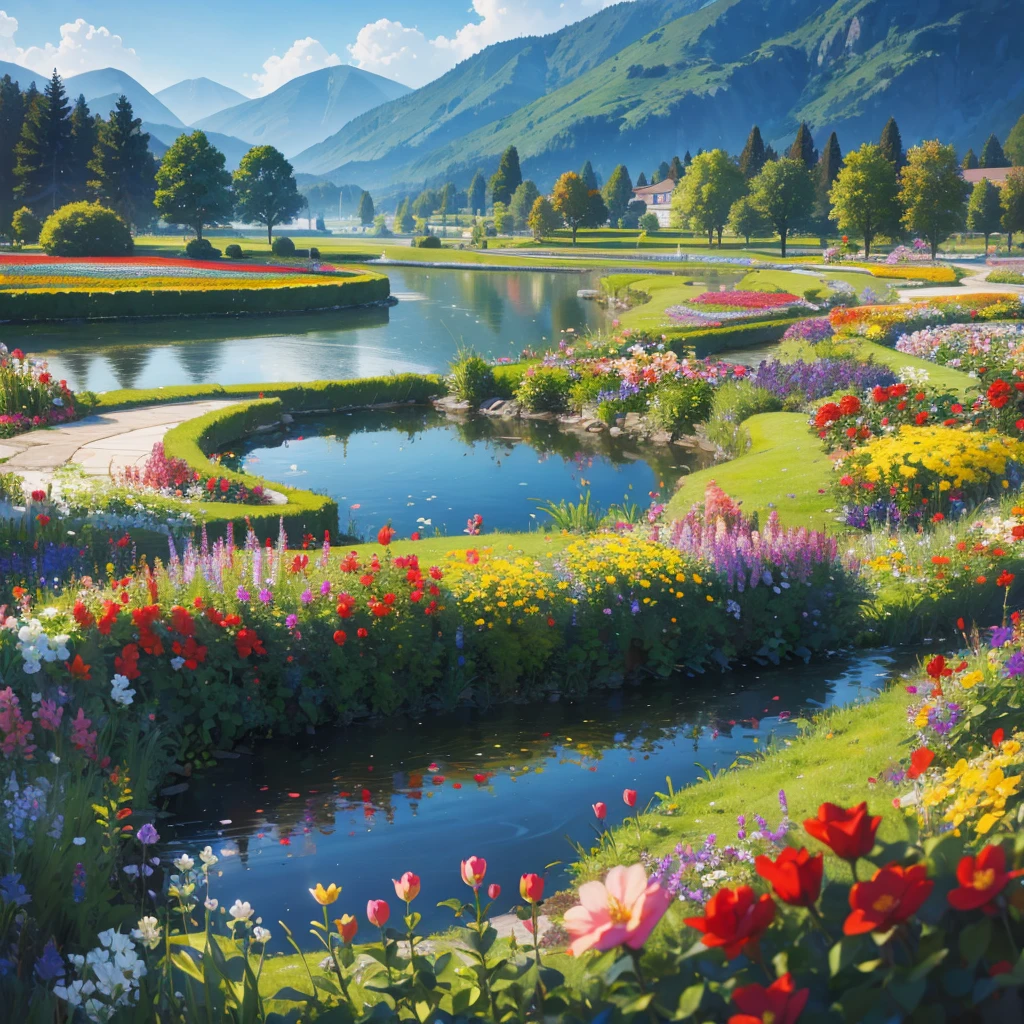 view of flower garden with a lake