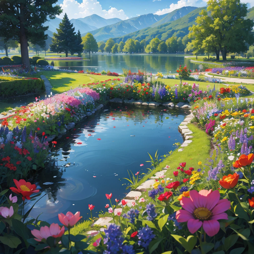 view of flower garden with a lake