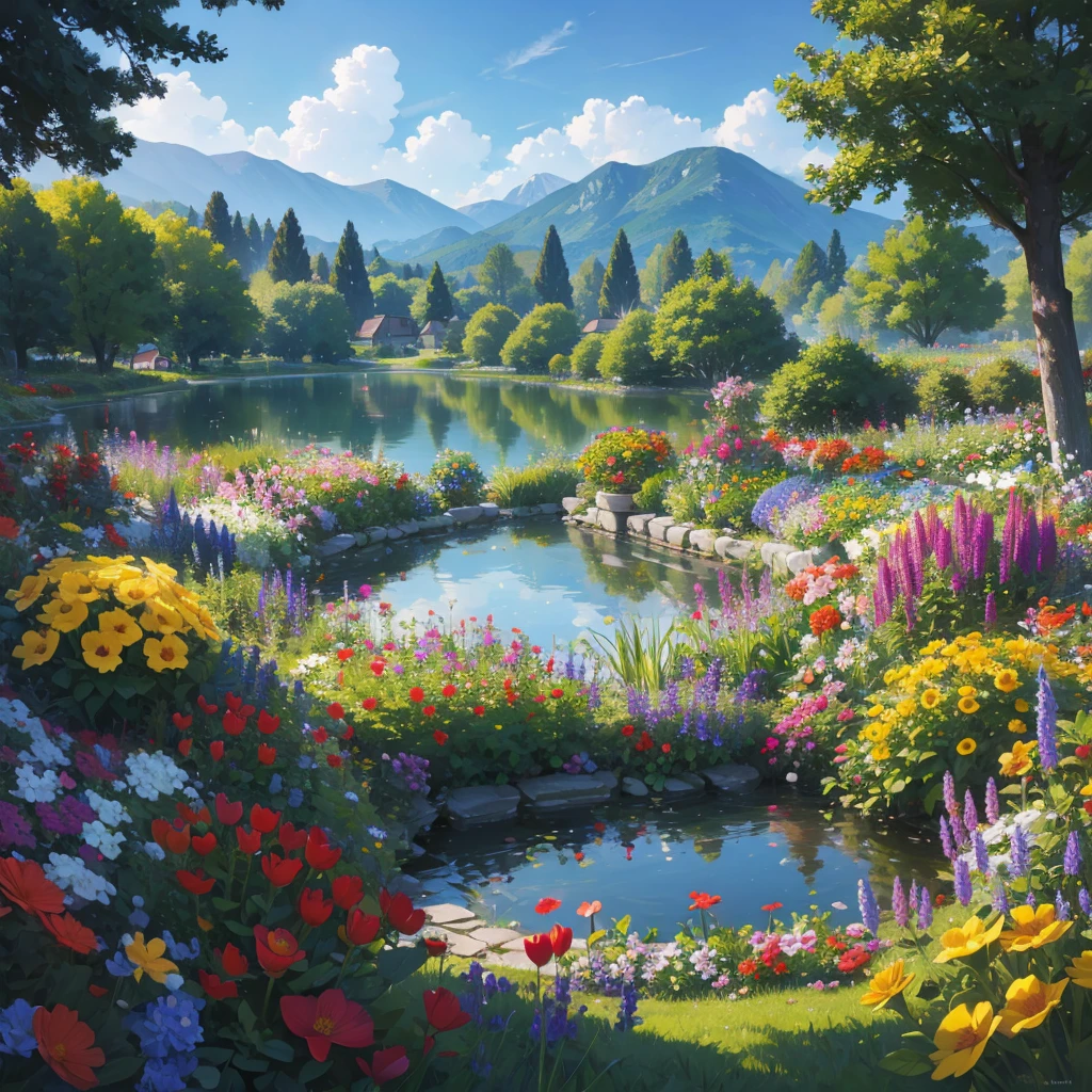 view of flower garden with a lake