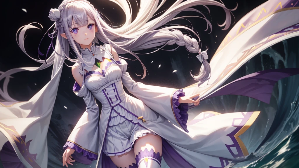 Subscribe to, emilia, weave, Crown braid, flower, hair flower, Hair decoration, love para el cabello, Long hair, pointy ears, (purple eyes:1.2), kana, x Hair decoration,
Collar separado romper, Separate sleeves, Ruffle sleeves, Link raids, long sleeve, mini skirt, Rock plisada, love, Rock, Thigh jumps, white rock, white sleeves, white thighs, wide sleeves, zettai ryouiki,
PEACE in the open air, Stadt,
REST looks at the viewer, romper (masterpiece:1.2), The best quality, high resolution, Unity 8k wallpaper, (Illustration:0.8), (beautiful detailed eyes:1.6), extremely detailed face, perfect lightning, extremely detailed CG, (perfect hands, perfect anatomy),