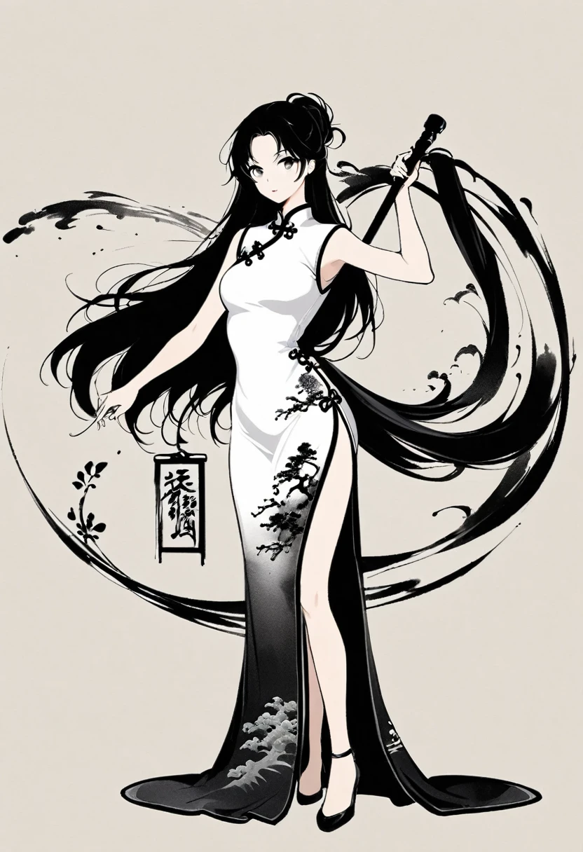 Artistic ink painting,Three-dimensional ink painting,Minimalism,Minimalist graphics,Minimal Art,Chinese anime girls,whole body,Chinese style,antiquity,Ink Painting,cheongsam,Black long hair,Black and white background,古韵White Space,White Space,大面积White Space,Texture Matte,Low saturation,Minimalist composition,Master composition