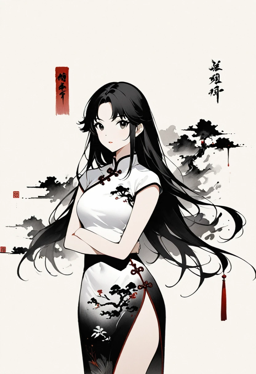 Artistic ink painting,Three-dimensional ink painting,Minimalism,Minimalist graphics,Minimal Art,Chinese anime girls,whole body,Chinese style,antiquity,Ink Painting,cheongsam,Black long hair,Black and white background,古韵White Space,White Space,大面积White Space,Texture Matte,Low saturation,Minimalist composition,Master composition