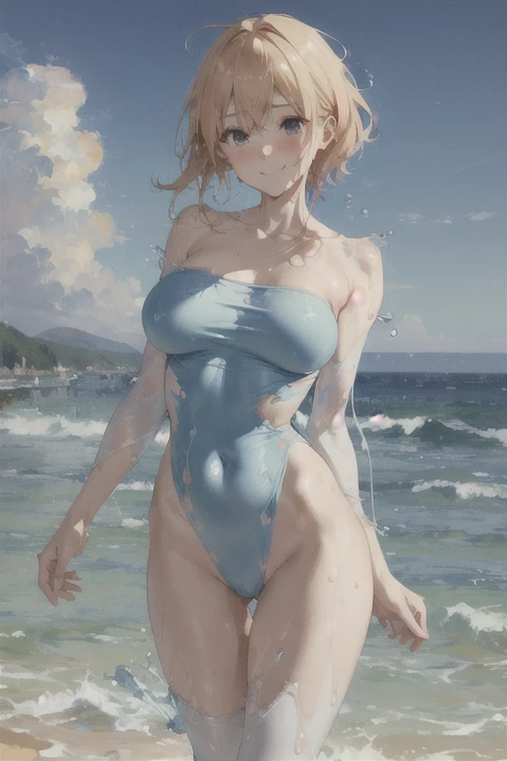 ,Big Breasts,Happy, Sundress, abundant,Gradient, extreme,color, Extreme,detail, Clear light perception, butt, (many, Impressionism, painting), Anime Characters,Fluid between thighs,flowing liquid,Disheveled,Clothing that fits snugly,broken,Chest contour,(((Wet clothing))),Tube Top,(((Ultra-thin clothing))),(Body model),((Flesh outline)),Grinning, blush,Hyperactive expression,Cover the crotch