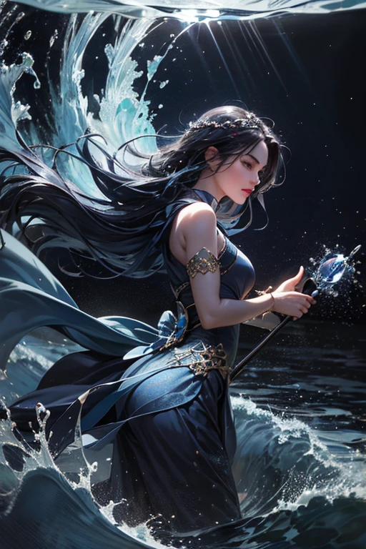 "Create an ultra-realistic image of a beautiful 21-year-old girl holding a magical staff that radiates the essence of water. She should be dressed in an elegant, ((((((dark blue)))))) shaded outfit that reflects her deep connection to the element of water. Surround her with elements of water, such as cascading waves, shimmering droplets, and serene reflections, to showcase her mastery over this element. Include a distinct water symbol on her body, signifying her role as the keeper of water and illustrating the powerful, fluid energy of water she possesses within her."