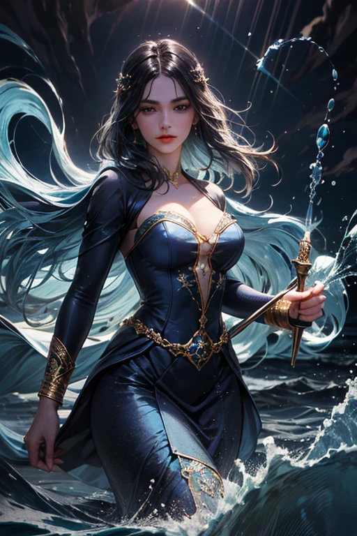 "Create an ultra-realistic image of a beautiful 21-year-old girl holding a magical staff that radiates the essence of water. She should be dressed in an elegant, ((((((dark blue)))))) shaded outfit that reflects her deep connection to the element of water. Surround her with elements of water, such as cascading waves, shimmering droplets, and serene reflections, to showcase her mastery over this element. Include a distinct water symbol on her body, signifying her role as the keeper of water and illustrating the powerful, fluid energy of water she possesses within her."
