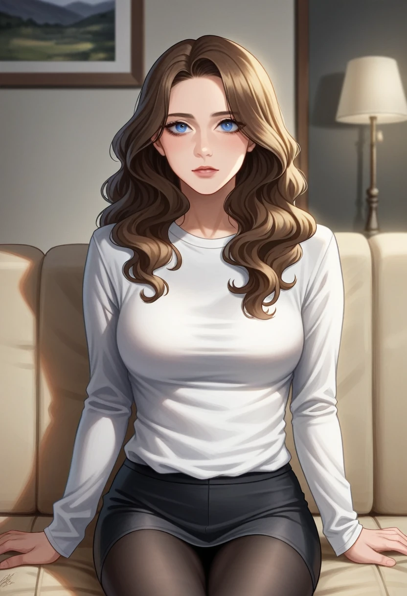 Pretty woman, Long straight dark hair, He wears a white shirt without a print, He wears black leggings, Front view (In the evening, sitting on the sofa in the modern living room), Peyton List (1986), Very detailed, 20 years, Natural wavy hair, The hair reaches shoulder length soon, Blue eyes, High accuracy, Tafah, Best quality, Complex details, Very detailed, Intense focus, Detailed skin, real skin texture, texture, Detailed eyes, professional, 4K, Cannon shooting, 85 mm, Shallow depth of field, Kodak color vision, Perfect fit body, Very detailed, picture_\(Super\), picturereal, real, Post processing, Maximum attention to detail, roughness, حياة realة, Super real, picturerealism, picturegraphy, 8K Ultra HD, picturegraphy (Film grain is a medium shot for close-ups, Dark atmospheric lighting