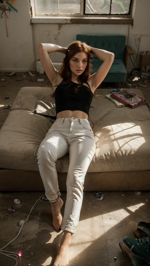 (((Masterpiece))), 25-year-old Caucasian French girl with shoulder-length messy red hair, adorned with crystal glow, blooming hair akin to . Certainly!
interior of an abandoned room, graffiti on the walls, in the middle of the room there is an old destroyed sofa, woman's lighting, the light comes from a floor lamp, the girl is lying on the sofa, wearing , black shoes , posing like a model. lying on his stomach, dust in the air, perspective from above the sofa, black bandana on his head, white undershirt, wide cream pants
