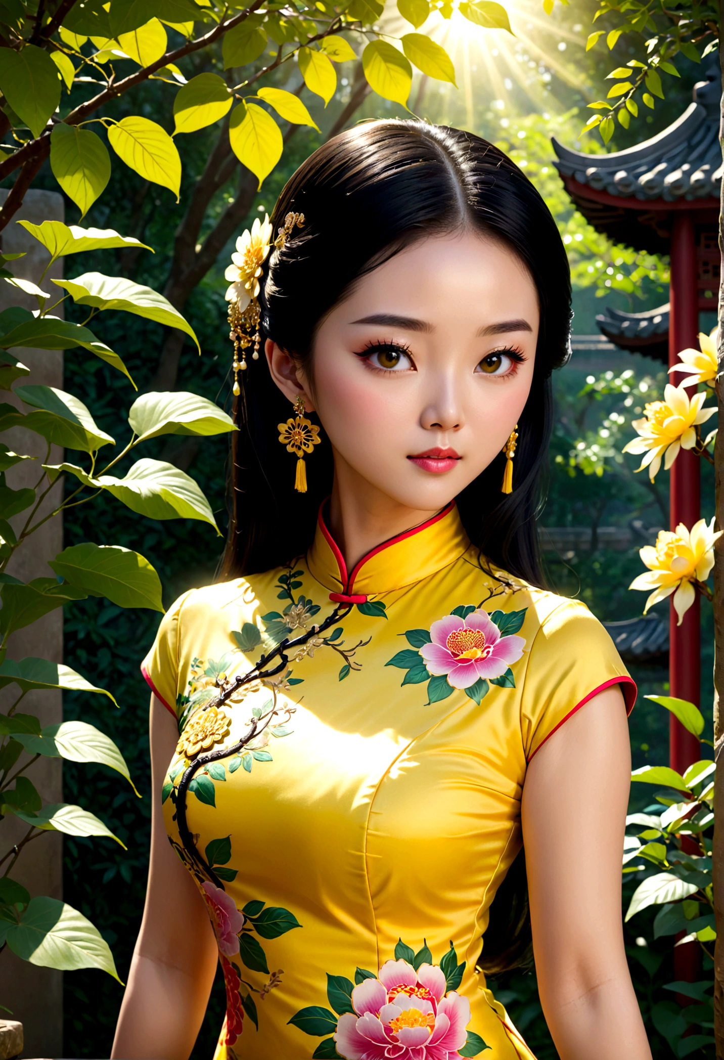 1girl, Cheongsam, Qipao, A woman wearing a beautiful yellow cheongsam, long black hair, elegant, graceful pose, detailed facial features, glowing skin, ornate jewelry, outdoor garden setting, sunlight filtering through trees, lush greenery, intricate floral patterns, cinematic lighting, highly detailed, 8k, masterpiece, best quality, very aesthetic, absurdres