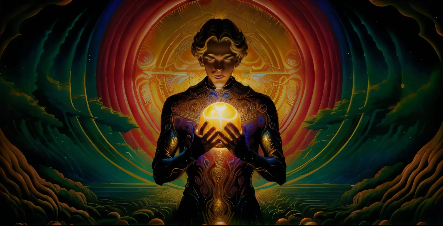painting of a man holding a glowing ball in his hands, Alex Gray e Tim Hildebrandt, alex grey style, Alex Gray, dan mumford and alex grey style, Alex Gray e Beksinski, style of alex grey, Alex Grey Arte, Alex Gray e Romero Ressendi, por Alex Gray, inspired por Alex Gray, Alex Gray and Gustave Doré, style Alex Gray