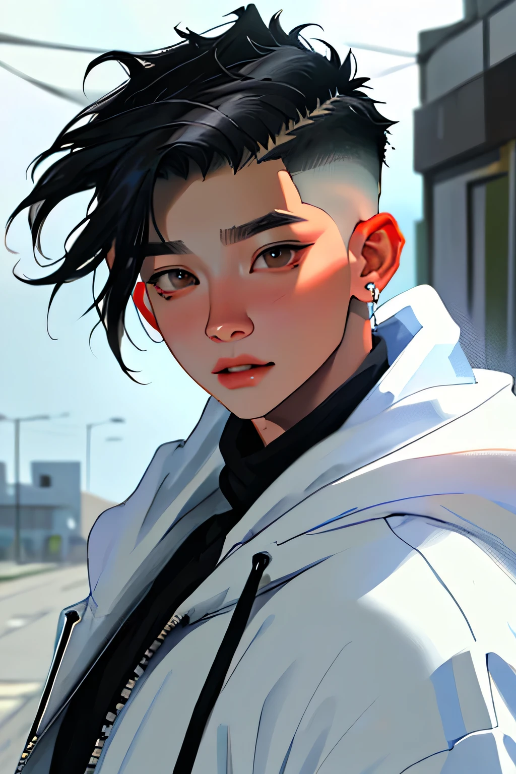 masterpiece, Best quality, higher, 1 boy, One, jungkook looks, , hair with white streaks, black hair , undercut , White hoodie