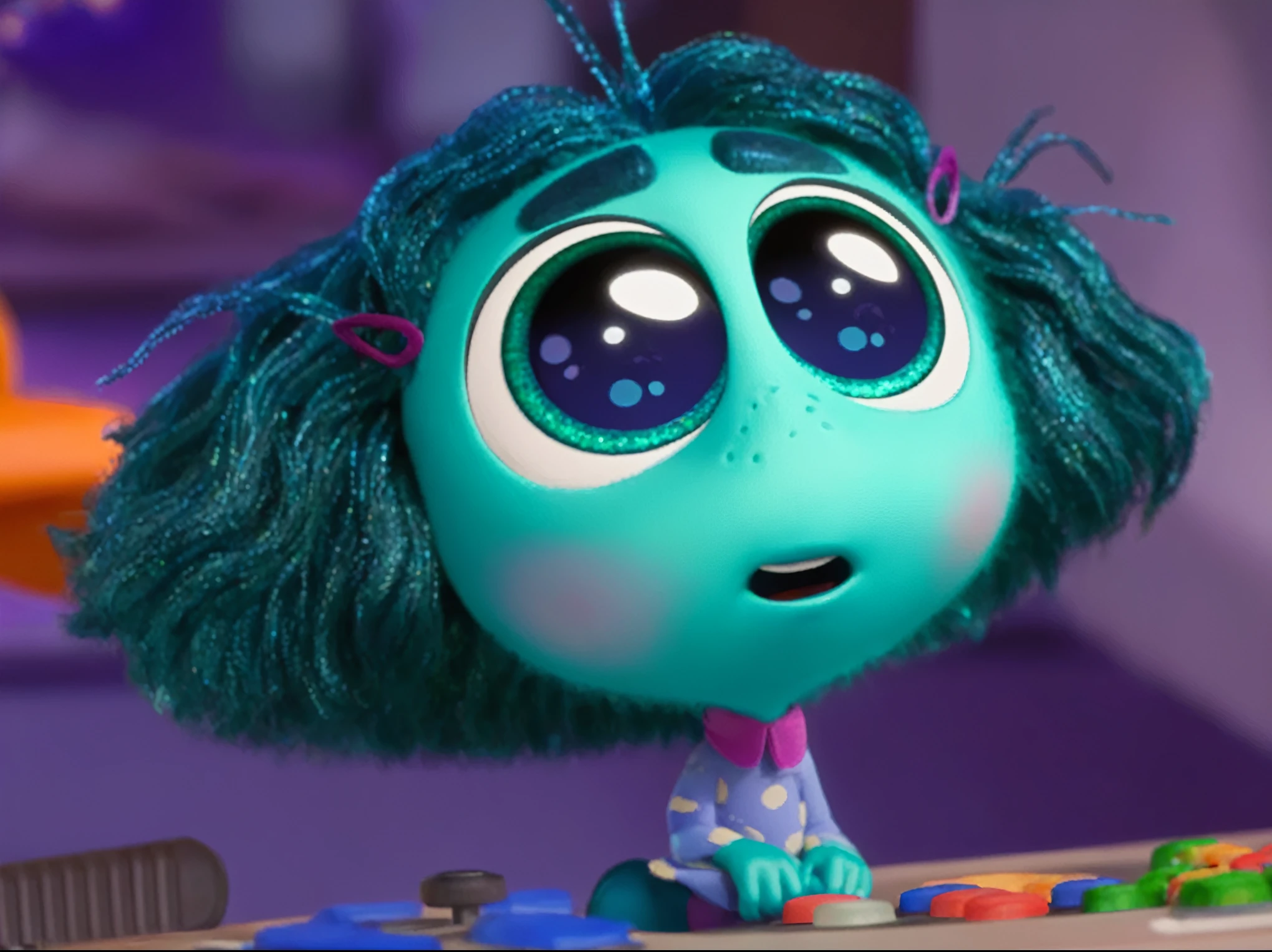 a close-up of a cartoon character with blue hair and green eyes, still from the alien girl movie, cute pixar character, pixar coronavirus movie, cute pixar character design, frame from pixar film, pixar movie screenshot, still from the pixar movie, depicted como um personagem da Pixar, pixar doll deep focus, Still from a Pixar film, as a character from Pixar Consumption