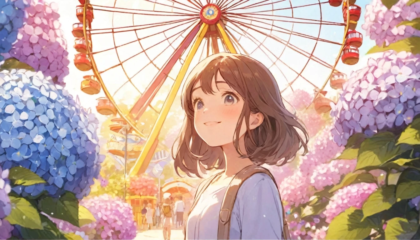 Close up face, 1girl, A theme park filled with blooming hydrangeas spreads out before your eyes. Colorful hydrangeas decorate the Ferris wheel, roller coaster, and merry-go-round. Sunlight pours in from the sky, making the hydrangea petals sparkle. Children run around with smiles, and adults watch the scene with calm expressions. In the center of the amusement park stands a large tower of hydrangeas, and people walk around it happily. This is like a dream theme park where hydrangeas are the main characters.