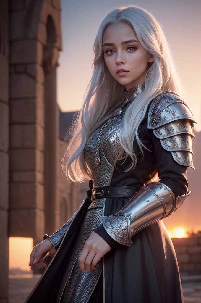 (work of art), (extremely complex:1.3), (realisitic), portrait of a , the most beautiful in the world with straight platinum hair, violet eyes, (targaryen medieval armor), metallic reflections, trunk, plein-air, Strong Sunlight, far away castle, professional photography of a stunning woman detailed, sharp focus, dramatic, awardwinning, cinematic lighting, octane render unreal engine, volumetric dtx, (Film grain, nblurry background, blurry foreground, bokeh, Depth of field, SUNSET, motion-blur:1.3), Chain mail