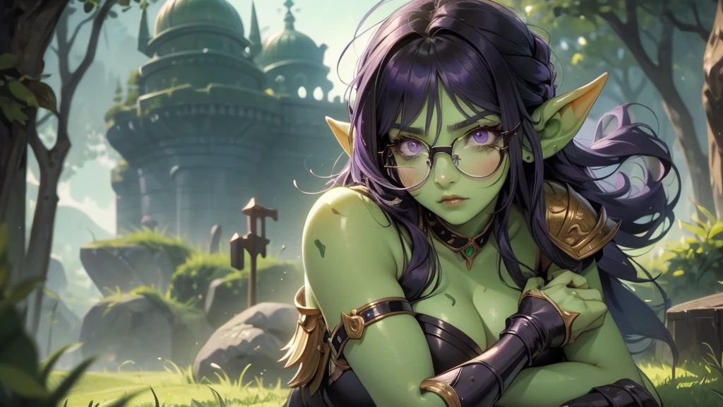 muscular barbarian woman, ((best quality)), ((masterpiece)), (very detailed), 4k, perfect face, ogre girl, green skin, purple eyes, black rimmed glasses, short dark green hair, ethereal, beautiful, looking at viewer, barbarian, wearing armor, Ogre Girl, Green skin, long ears, fur armor, muscular, tusks, tusks in mouth