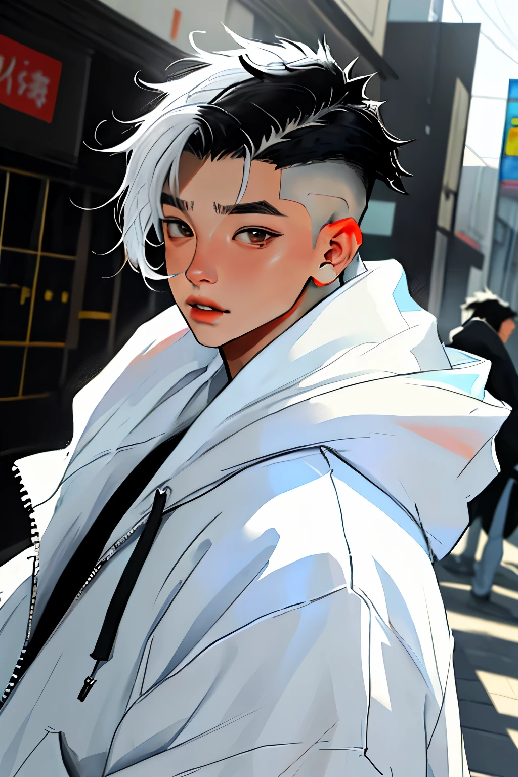 masterpiece, Best quality, higher, 1 boy, One, jungkook looks, , hair with white streaks, black hair , undercut , White hoodie