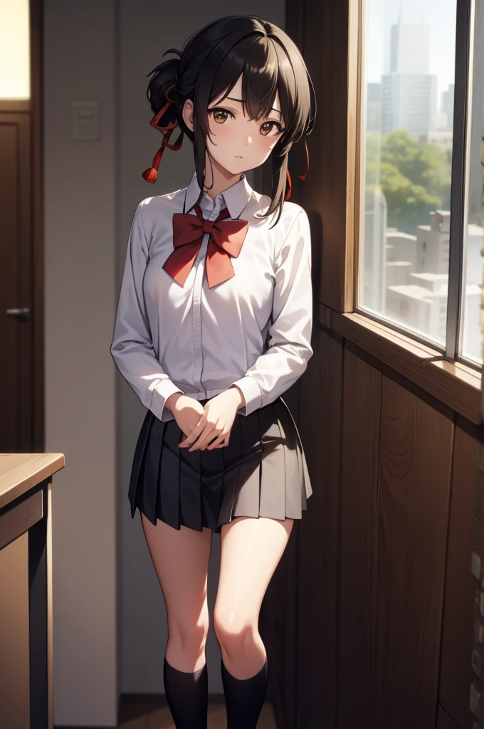 mitsuhamiyamizu, mitsuha miyamizu, black hair, (brown eyes:1.5), hair ribbon, (small breast:1.2),
BREAK bow, bowtie, kneehighs, pleated skirt, red bow, red bowtie, , skirt, white shirt, long sleeves,
BREAK looking at viewer,
BREAK indoors, classroom,
BREAK (masterpiece:1.2), best quality, high resolution, unity 8k wallpaper, (illustration:0.8), (beautiful detailed eyes:1.6), extremely detailed face, perfect lighting, extremely detailed CG, (perfect hands, perfect anatomy),