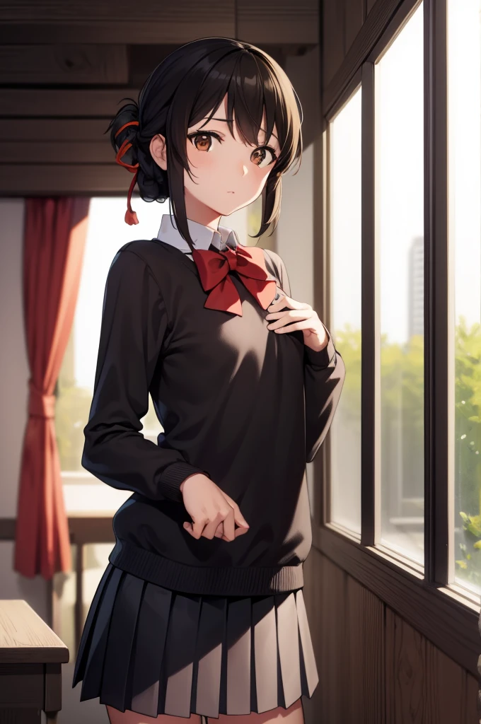 mitsuhamiyamizu, mitsuha miyamizu, black hair, (brown eyes:1.5), hair ribbon, (small breast:1.2),
BREAK bow, bowtie, kneehighs, pleated skirt, red bow, red bowtie, , skirt, white shirt, long sleeves,
BREAK looking at viewer,
BREAK indoors, classroom,
BREAK (masterpiece:1.2), best quality, high resolution, unity 8k wallpaper, (illustration:0.8), (beautiful detailed eyes:1.6), extremely detailed face, perfect lighting, extremely detailed CG, (perfect hands, perfect anatomy),