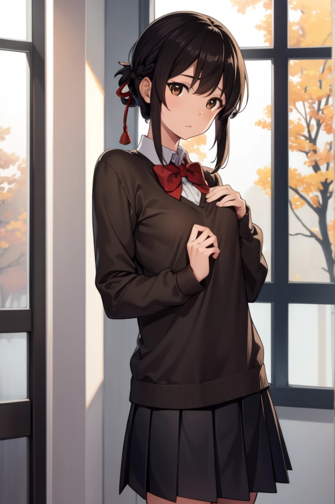 mitsuhamiyamizu, mitsuha miyamizu, black hair, (brown eyes:1.5), hair ribbon, (small breast:1.2),
BREAK bow, bowtie, kneehighs, pleated skirt, red bow, red bowtie, , skirt, white shirt, long sleeves,
BREAK looking at viewer,
BREAK indoors, classroom,
BREAK (masterpiece:1.2), best quality, high resolution, unity 8k wallpaper, (illustration:0.8), (beautiful detailed eyes:1.6), extremely detailed face, perfect lighting, extremely detailed CG, (perfect hands, perfect anatomy),