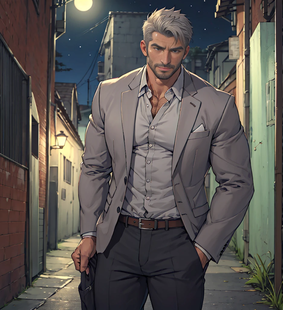 Ruggedly handsome older man, DILF, wearing a grey suit. Dominant, Confident, gentleman, solo shot, dark street, nightime
