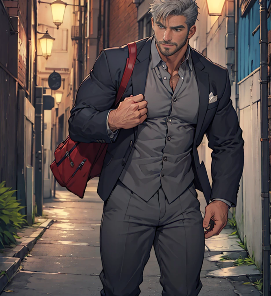 Ruggedly handsome older man, DILF, wearing a grey suit. Dominant, Confident, gentleman, solo shot, dark street, nightime
