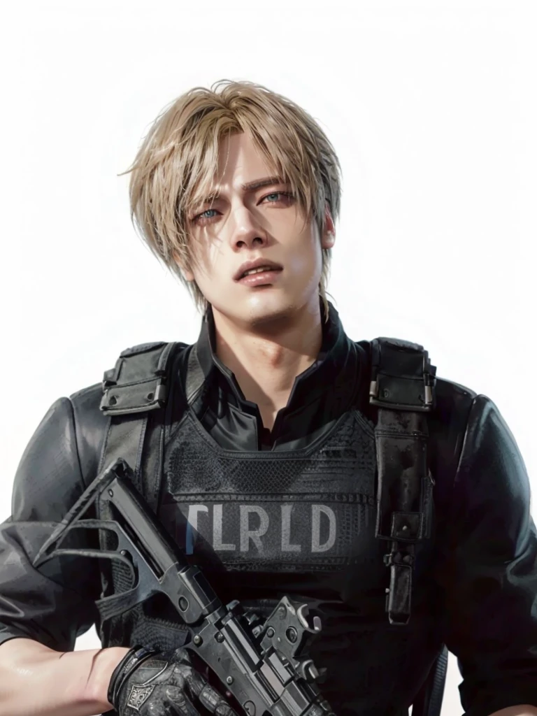 arafed male in a black uniform holding a gun, eldritchpunk, jung jaehyun, johan liebert mixed with alucard, portrait of kpop idol, johan liebert, solid background, brad pitt is leon s. kennedy, park jimin, jimin, hyung tae, armed, in black uniform, concept ard, official fanart, johan liebert mixed with dante
