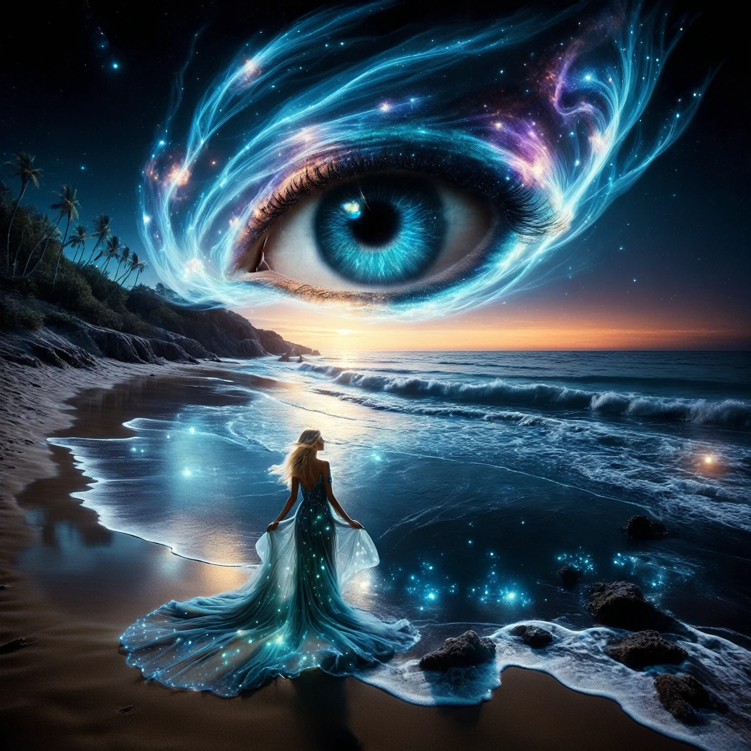 in the foreground, a blonde woman with long flowing hair stands on a sandy beach. She wears a transparent, flowing dress that appears to be made of swirling, glowing ethereal patterns, reminiscent of the northern lights. Her face is turned skyward, as if contemplating the wonders of the universe. Her bare feet are planted in the sand, and her dress floats around her like a cloud. The water near the woman should be very transparent, revealing bioluminescent glowing algae and marine fauna.the woman. Background: Behind the woman, the beach stretches towards the horizon. The sea is crystal-clear and deep blue. Soft, bioluminescent light-green glowing waves break on the shore, creating a soothing rhythm. The night sky is filled with twinkling stars. A majestic galaxy swirls over the beach, forming a giant, detailed eye in the sky. The eye's vibrant colors reflect beautifully on the crystal-clear, bioluminescent water below. Colors: Use iridescent shades of blue, turquoise, orange and violet with luminous sparkles. The overall mood of the photo is dark, ethereal and haunting. The bioluminescent light of the sea creates a magical, fairytale atmosphere, while the twinkling stars and swirling galaxy add a sense of mystery and wonder.The woman standing on the beach seems to be in communion with nature and the universe, adding a touch of serenity to the scene. The overall style of the photo is fantastic or supernatural. Vivid colors, flowing forms and intricate details create a captivating, imaginary world. (masterpiece, best quality, Professional, perfect composition, very aesthetic, absurdres, ultra-detailed, intricate details:1.3) 