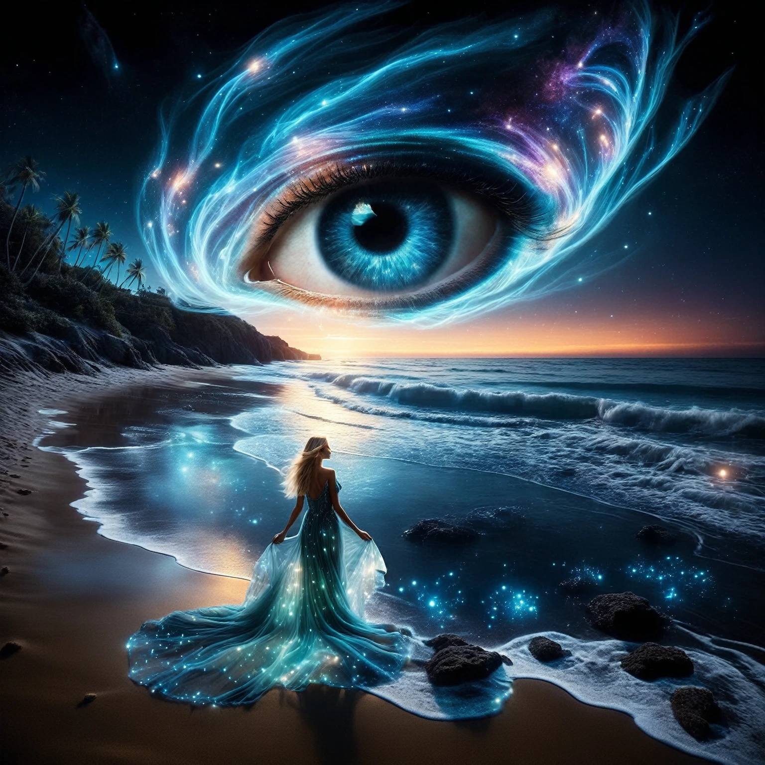 in the foreground, a blonde woman with long flowing hair stands on a sandy beach. She wears a transparent, flowing dress that appears to be made of swirling, glowing ethereal patterns, reminiscent of the northern lights. Her face is turned skyward, as if contemplating the wonders of the universe. Her bare feet are planted in the sand, and her dress floats around her like a cloud. The water near the woman should be very transparent, revealing bioluminescent glowing algae and marine fauna.the woman. Background: Behind the woman, the beach stretches towards the horizon. The sea is crystal-clear and deep blue. Soft, bioluminescent light-green glowing waves break on the shore, creating a soothing rhythm. The night sky is filled with twinkling stars. A majestic galaxy swirls over the beach, forming a giant, detailed eye in the sky. The eye's vibrant colors reflect beautifully on the crystal-clear, bioluminescent water below. Colors: Use iridescent shades of blue, turquoise, orange and violet with luminous sparkles. The overall mood of the photo is dark, ethereal and haunting. The bioluminescent light of the sea creates a magical, fairytale atmosphere, while the twinkling stars and swirling galaxy add a sense of mystery and wonder.The woman standing on the beach seems to be in communion with nature and the universe, adding a touch of serenity to the scene. The overall style of the photo is fantastic or supernatural. Vivid colors, flowing forms and intricate details create a captivating, imaginary world. (masterpiece, best quality, Professional, perfect composition, very aesthetic, absurdres, ultra-detailed, intricate details:1.3) 