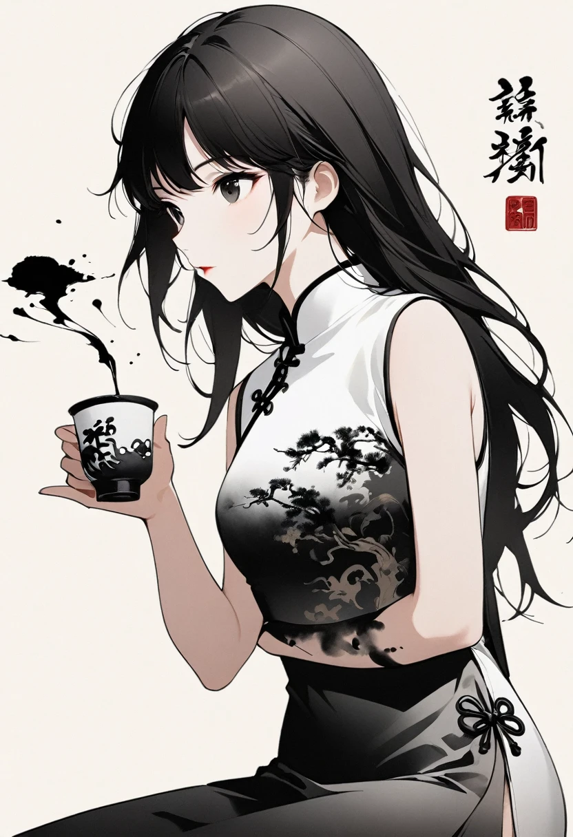 Artistic ink painting,Three-dimensional ink painting,Minimalism,Minimalist graphics,Minimal Art,Girl drinking tea,whole body,Chinese style,antiquity,Ink Painting,cheongsam,Black long hair,Black and white background,古韵White Space,White Space,大面积White Space,Texture Matte,Low saturation,Minimalist composition,Master composition