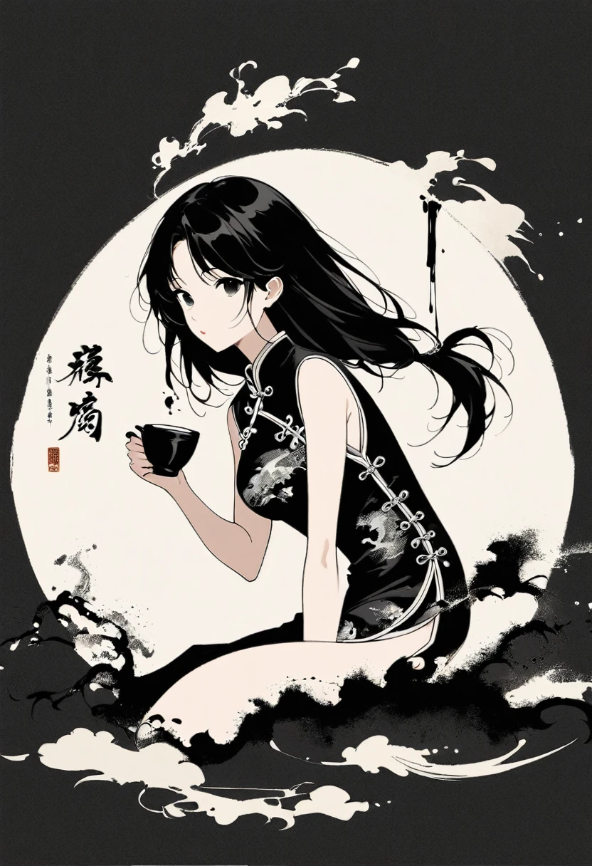 Artistic ink painting,Three-dimensional ink painting,Minimalism,Minimalist graphics,Minimal Art,Girl drinking tea,whole body,Chinese style,antiquity,Ink Painting,cheongsam,Black long hair,Black and white background,古韵White Space,White Space,大面积White Space,Texture Matte,Low saturation,Minimalist composition,Master composition