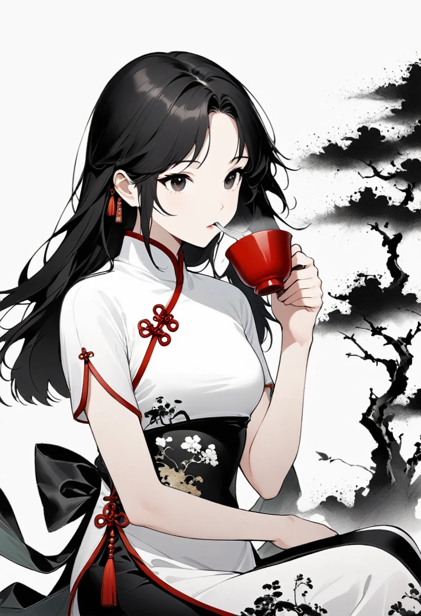 Artistic ink painting,Three-dimensional ink painting,Minimalism,Minimalist graphics,Minimal Art,Girl drinking tea,whole body,Chinese style,antiquity,Ink Painting,cheongsam,Black long hair,Black and white background,古韵White Space,White Space,大面积White Space,Texture Matte,Low saturation,Minimalist composition,Master composition