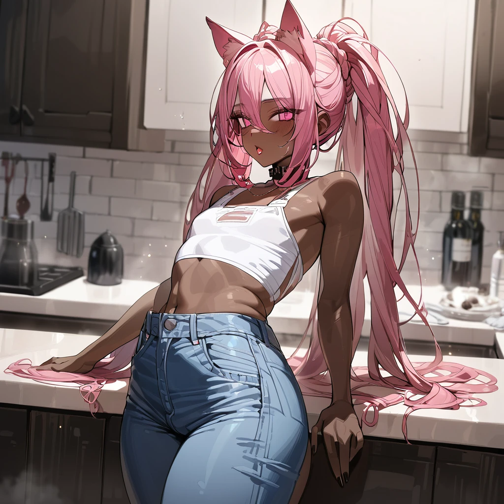 Best quality, highly detailed, ultra detailed, 1 very Dark brown skin boy, chocolate skin, flat ?????, male ?????, curvy body, long dreadlocks, pink dreadlocks, pink eyes, cat ears, lipgloss, wearing white croptop, denim mom jeans, booty, kitchen background 