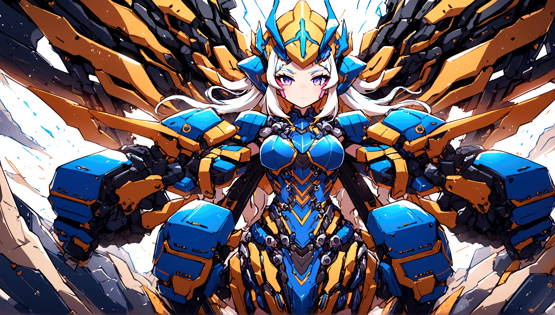 1girl, face devangeline, with white hair in sexy amazine futuristic battle armor with a heavy weapon, age