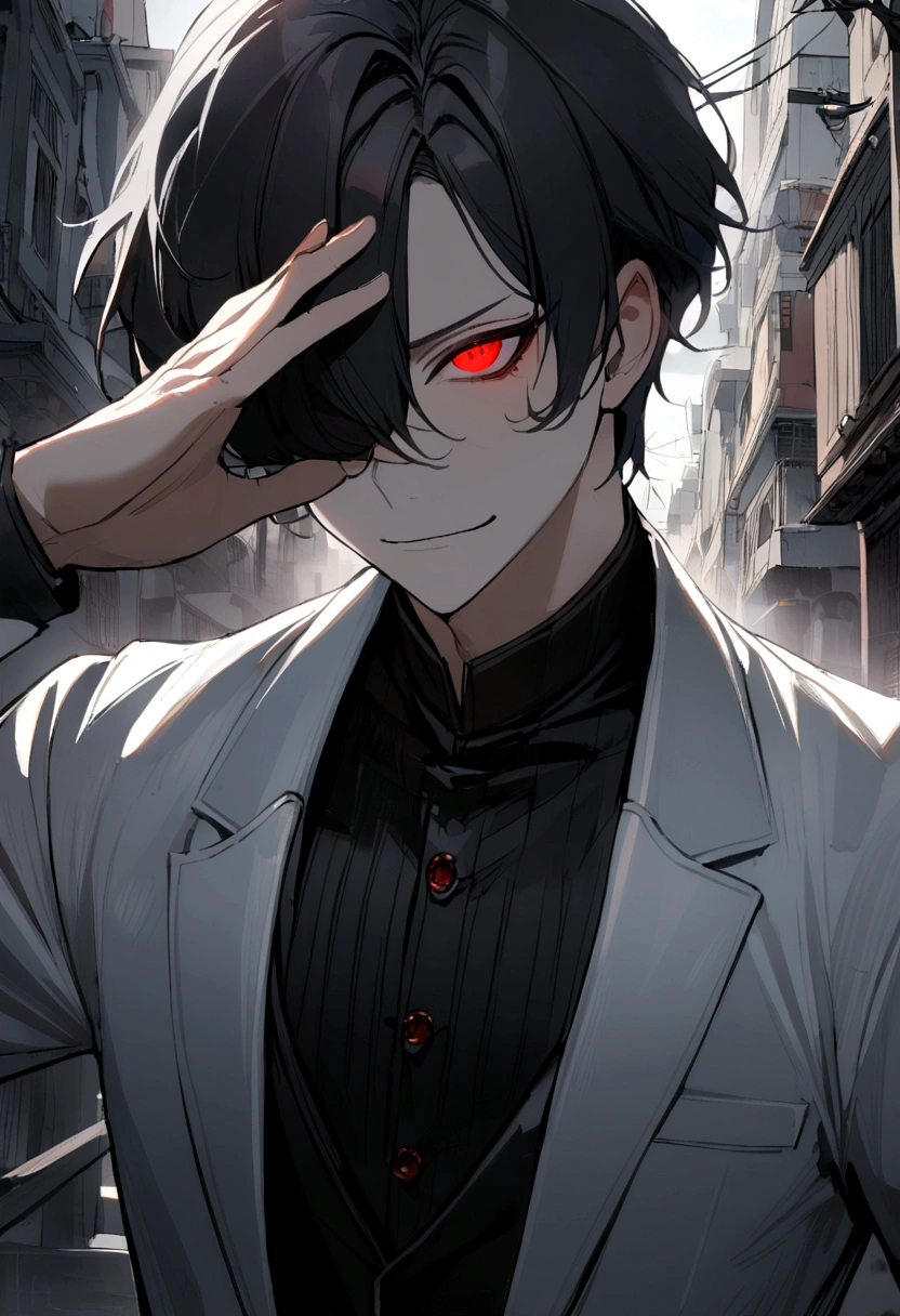 1 boy, white and black hair, bang, covering one eye, red eye, White coat, Black suit, black trousers, Mysterious smile
