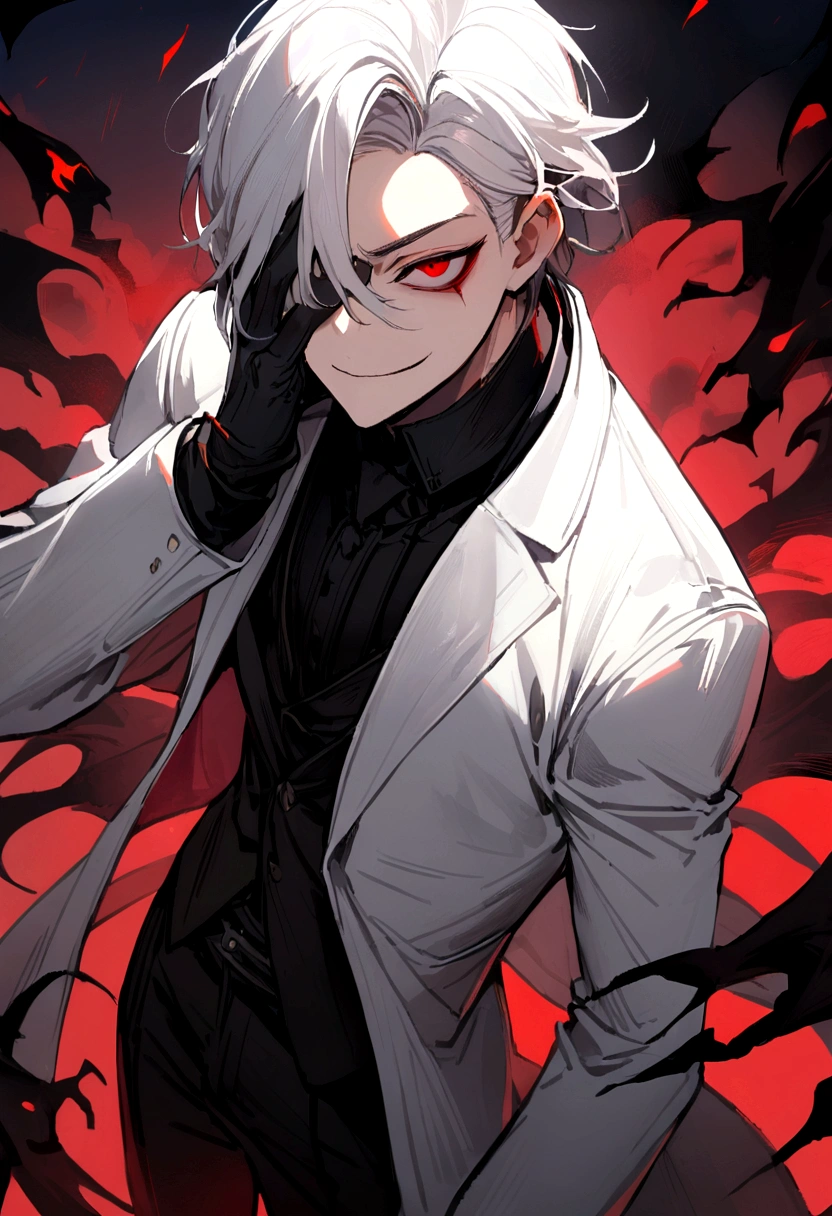 (best quality, masterpiece), 1boy, upper body, wound, blood splatters, blood, formal, looking down, looking at viewer, white hair, vampire, hand in pocket, muscular, smile, black humor, 4k