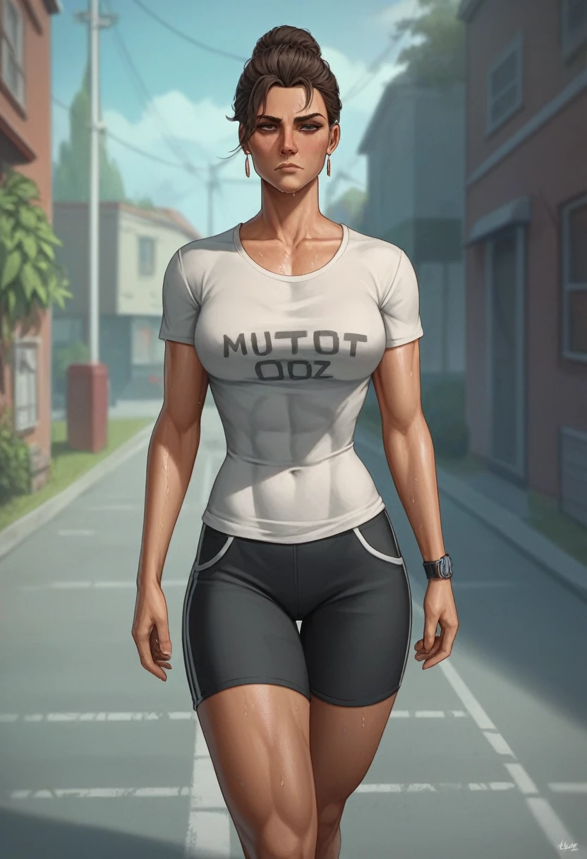  high quality random  paparazzi shot  (GalGadot  , housewife , mother, slim fit figure, flat breast , random angle, broad shoulders ) walking , jogging street, sweaty ,tired, oily skin, random erotic photograph , she is wearing a multicolored lose big  tshirt , random move ,seductive, tired woman  ( depth of field, insanely detailed skin texture, ultra  detailed face, hyper detailed features )