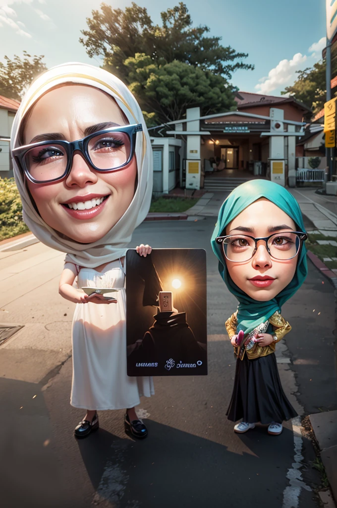 cartoon of a woman and a girl holding a big card, Wearing hijab,A school gate building with a tree in front of it, Beautiful sky, full protrait, potrait, caricature illustration, inspired by JoWOnder, wide portrait, protrait, digital art cartoon, realism artstyle, caricature, caricature style, caricature!!!, cartoon artstyle, by Abidin Dino, chibi, realism art, scandy and arender