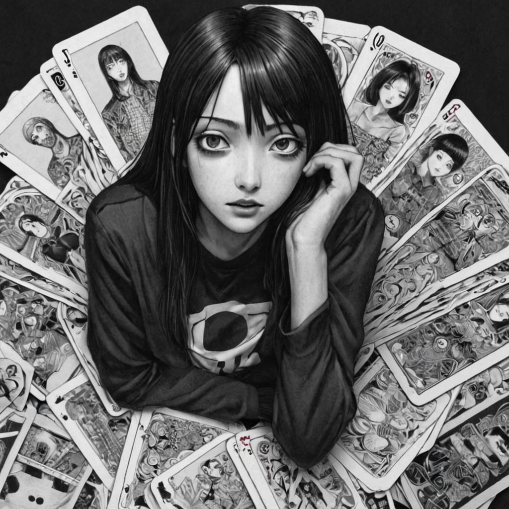 card decks, (anime), bizarre scenario, This is Junji, Yusuke Murata, black and white, 8K, anime, horror