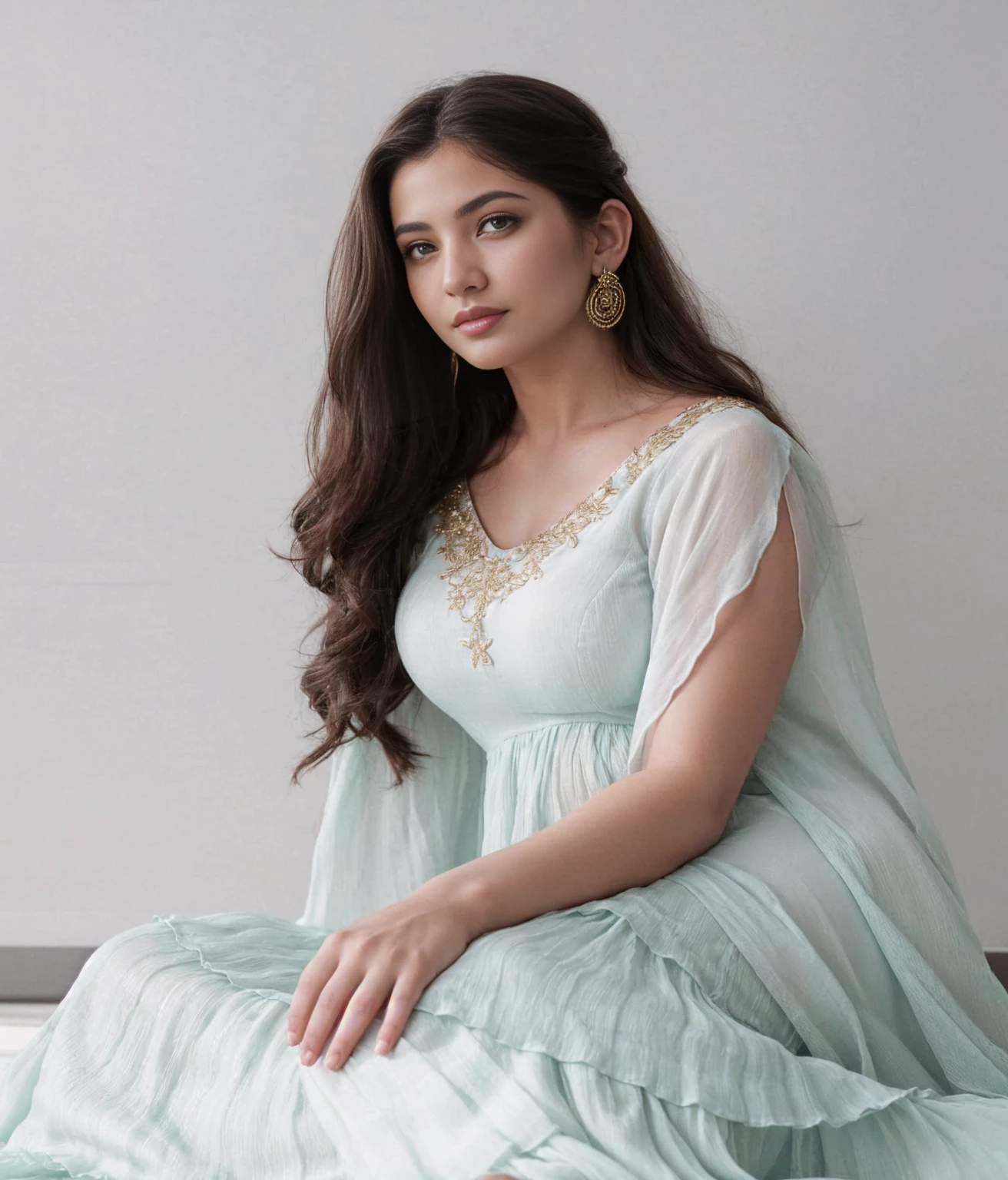 Best Quality, 4K, masterpiece, very sharp image,extremely beautiful woman,pinup,standing,highly detailed beautiful face,big eyelahes,minimum waist,gold embroided blue maxi slit dress, tights,long hair,excellent sense,(((one person))),highly detailed body,a cruise ship on the high seas scenario