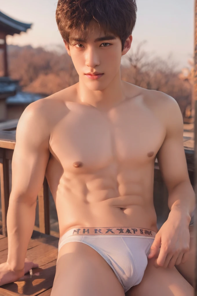 Photorealsitic, 8K full body portrait, body, a handsome, 18-year-old boy, A charming expression, detailed face details, topless, sexy, Brief underwear, TOKYOcty, Winters, Zoom in for a close-up, hot spring in japan