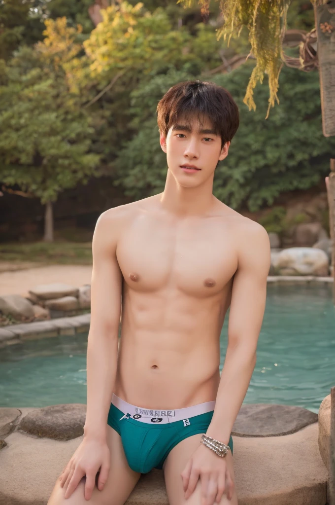 Photorealsitic, 8K full body portrait, body, a handsome, 18-year-old boy, A charming expression, detailed face details, topless, sexy, Brief underwear, TOKYOcty, Winters, Zoom in for a close-up, hot spring in japan