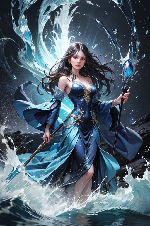 "Create an ultra-realistic image of a beautiful 21-year-old girl holding a magical staff that radiates the essence of water. She should be dressed in an elegant, (((dark blue))) shaded outfit that reflects her deep connection to the element of water. Surround her with elements of water, such as cascading waves, shimmering droplets, and serene reflections, to showcase her mastery over this element. Include a distinct water symbol on her body, signifying her role as the keeper of water and illustrating the powerful, fluid energy of water she possesses within her."