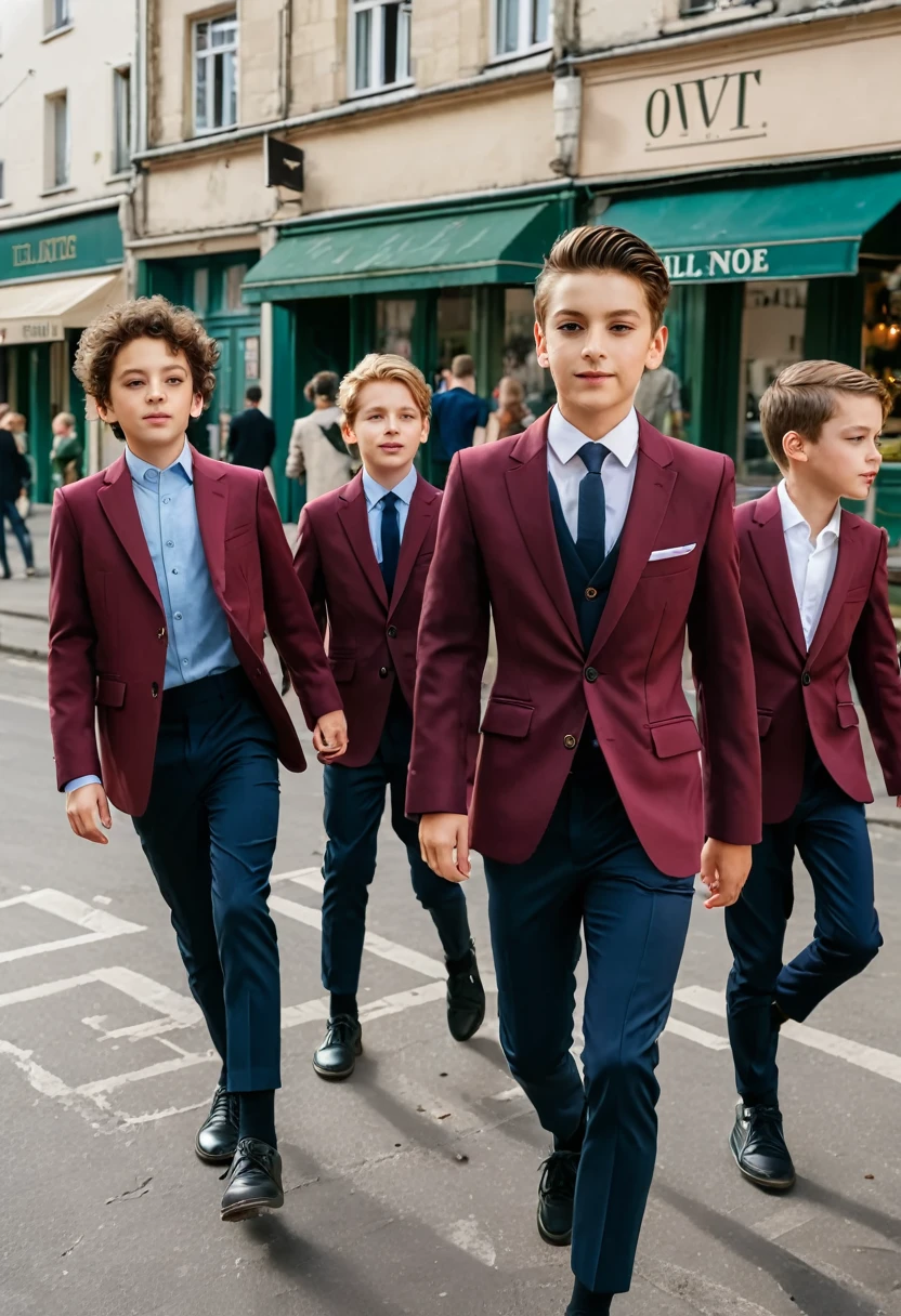 Group of boys age 30 walking on streets in daylight in burgundy blazer suit