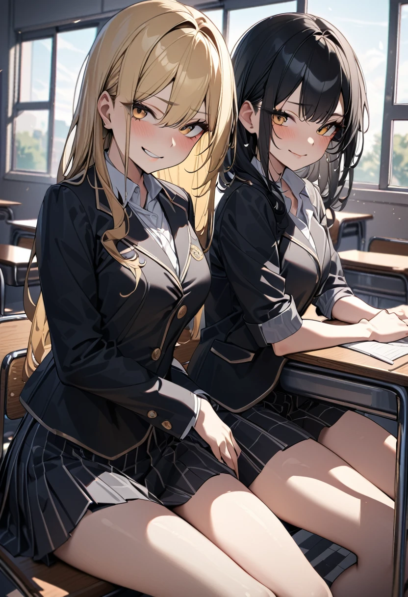 (award winning, 8k, super detailed, high resolution, best quality) , photography, (two girls), girl on the left with blonde hair and smirk expression, girl on the right with black hair and (timid expression), (sitting side by side at desk), ((beautiful girls)), set in classroom.