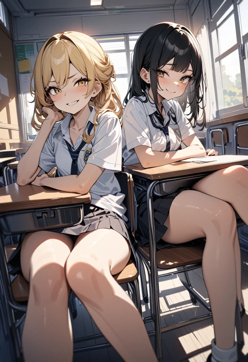 (award winning, 8k, super detailed, high resolution, best quality) , photography, (two girls), girl on the left with blonde hair and smirk expression, girl on the right with black hair and (timid expression), (sitting side by side at desk), ((beautiful girls)), set in classroom.
