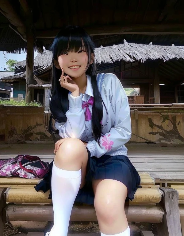 araffed asian girl sitting on a bench in a hut with a cell phone, school girl, of a posing, wearing , hana yata, wearing a , with lovely look, slight cute smile, serena malyon, with a beautifull smile, kuntilanak, pretty girl, comming, potrait, short smile, pretty face, showing her panties.