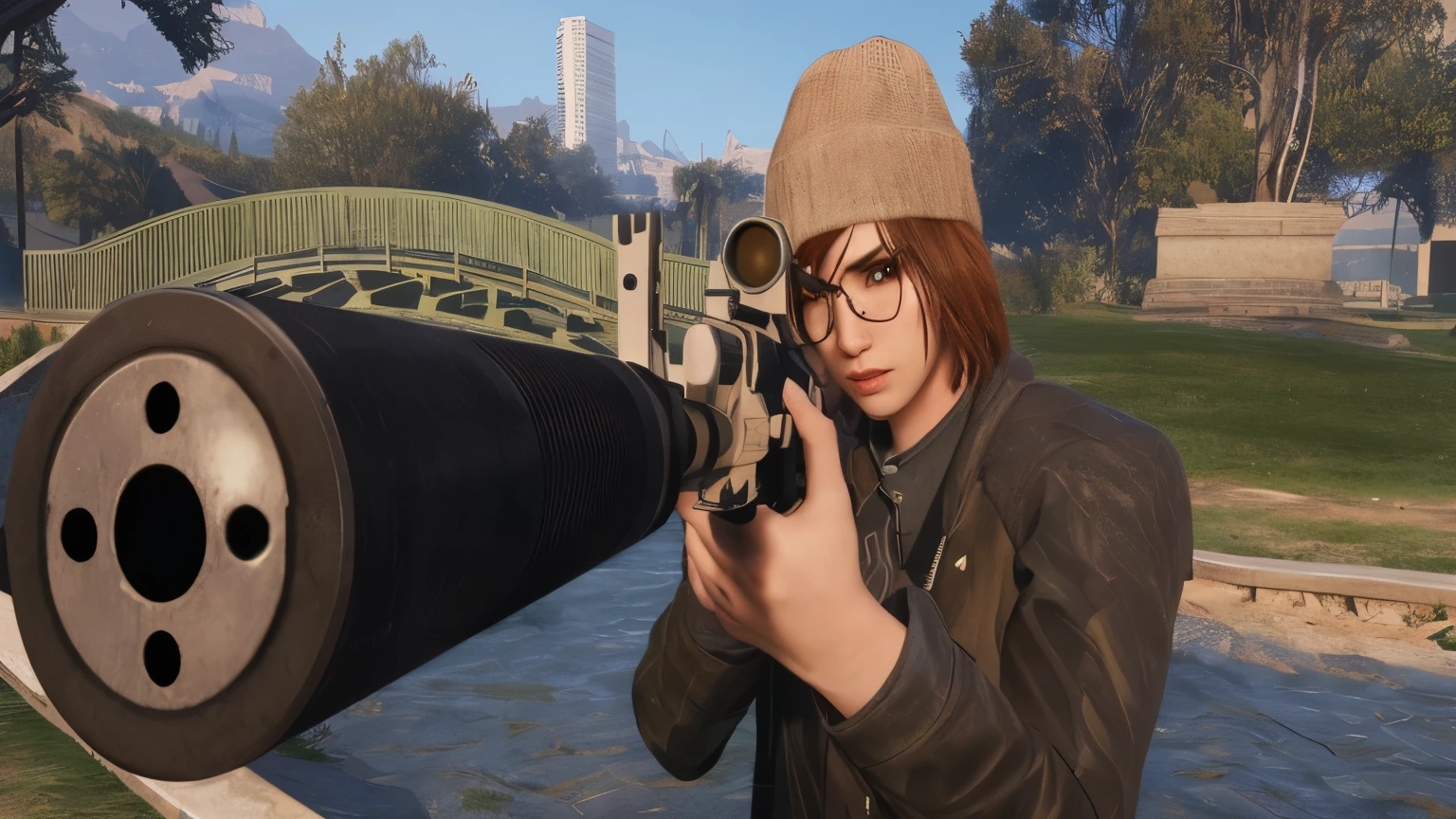 Arafa woman holding a gun and a rifle in a park, Retrato de Max Caulfield, like a GTAV character, photorealistic content, web capture do gta 5, GTA5 style, gta character v, gta character, Ultra-realistic graphics, medium close-up, web capture do gta v, holding a sniper rifle, photo realist, realistic guns, Medium close-up
