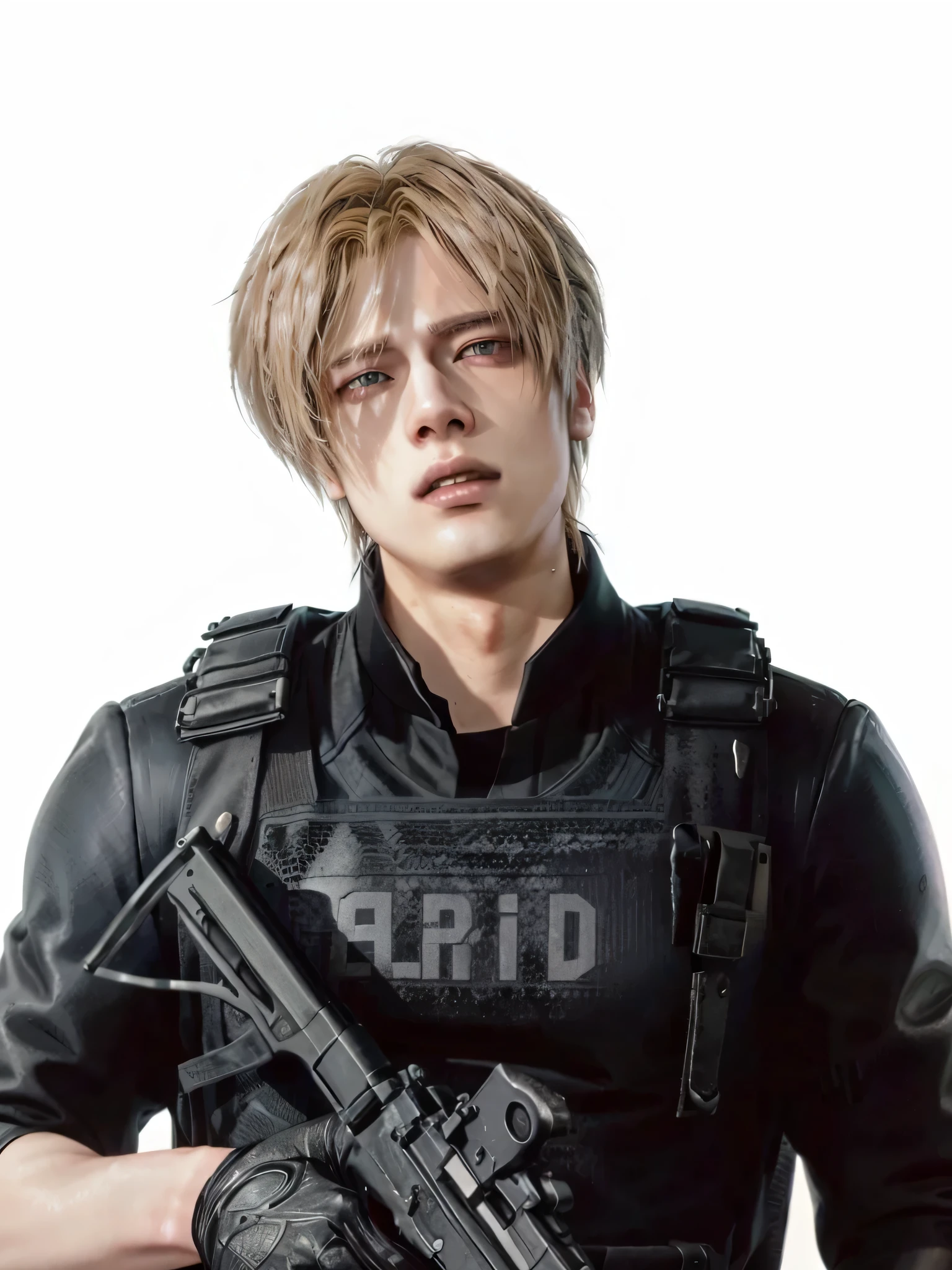 arafed male in a black uniform holding a gun, eldritchpunk, jung jaehyun, johan liebert mixed with alucard, portrait of kpop idol, johan liebert, solid background, brad pitt is leon s. kennedy, park jimin, jimin, hyung tae, armed, in black uniform, concept ard, official fanart, johan liebert mixed with dante